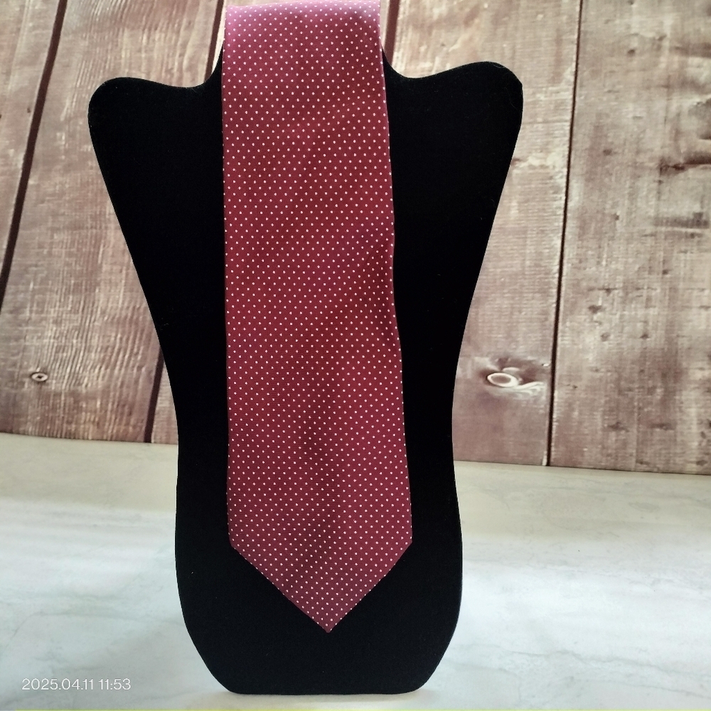 Leonardo Strelli Tie Rack Maroon Off White Swiss Dot Silk NeckTie Made In Italy